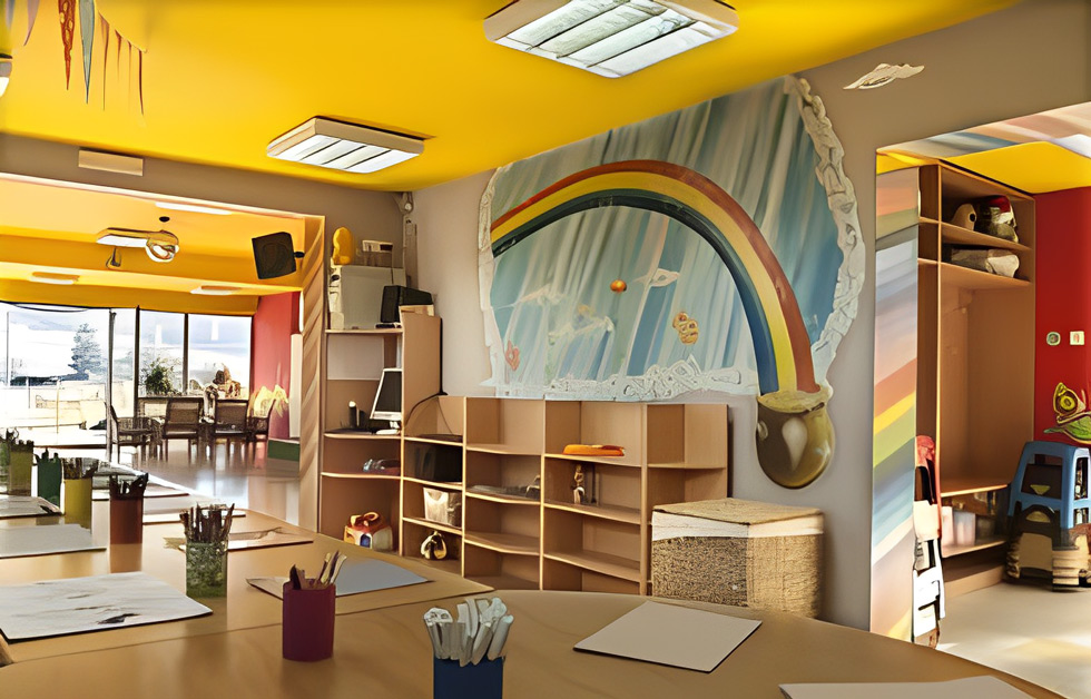 A vibrant classroom featuring a colorful rainbow mural on the wall, designed for Day Care Providers in Frisco.