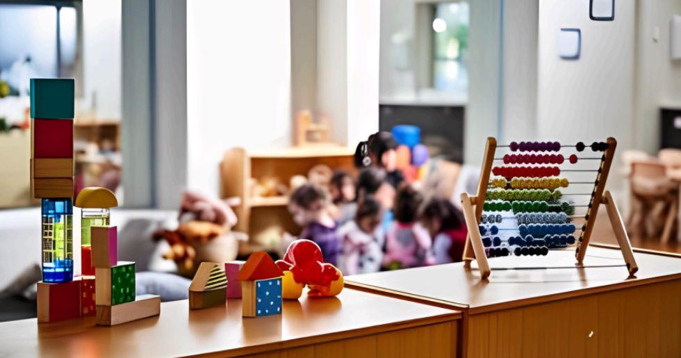 A vibrant classroom filled with toys and children, showcasing the engaging environment of the best day care center in Frisco.